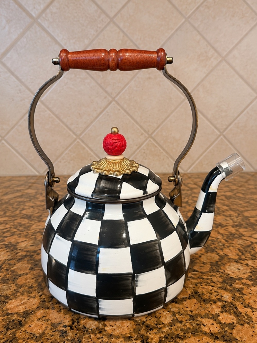 Mackenzie Childs Black & White Check Ceramic Teapot with Red Finial - Picture 2 of 3